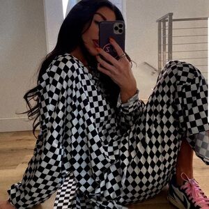 DRESSED IN LALA SET Satin Playsuit Checkerboard Checkered Black and White Med